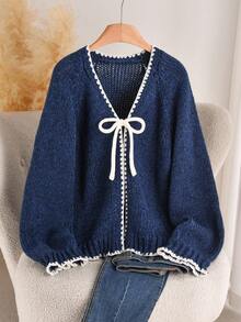 CosyJoli 秋冬大码休闲毛衣配领带蝴蝶结撞色装饰开衫 - 藍色 - 查看 4