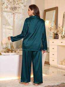 SHEIN Gestreifter Jacquard Faux-Seide Kragen Cardigan Pyjama Set in Große Größen