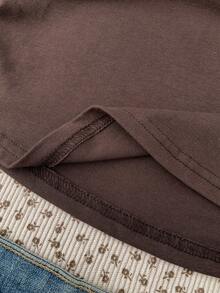 SHEIN 少女棕色针织长袖T恤，时尚百搭休闲基础款 - 棕色 - 查看 6