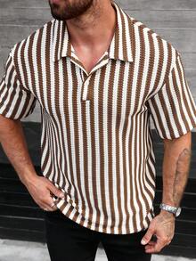 Manfinity CasualCool 男士休闲撞色刺绣短袖Polo衫，夏季衬衫，男士条纹衬衫，棕白条纹衬衫 - 彩色 - 查看 1