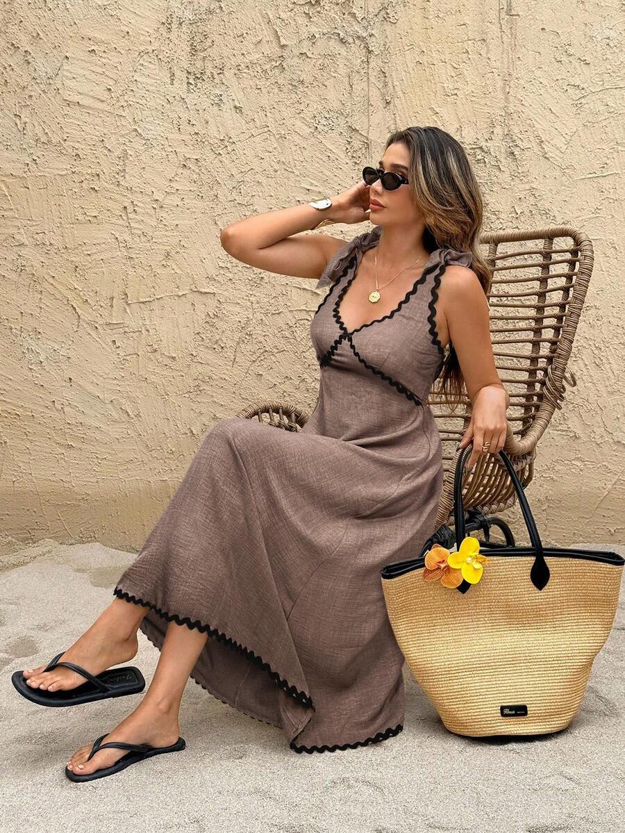 SHEIN Frenchy Đầm nữ mùa hè kiểu dáng thường ngày, thoải mái, phối ren sóng tương phản, xếp ly, buộc dây vai, hở lưng. - màu nâu - Xem 1