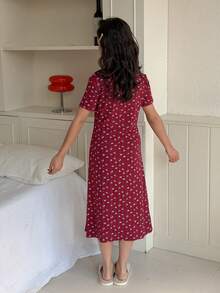 DAZY Tween Girls Ditsy Floral Round Neck Nightgown Loungewear Summer - Burgundy - View 5