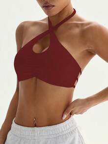 Dewbera 女士运动文胸，前部褶皱挂脖设计，可拆卸加厚交叉肩带，适合日常休闲穿着、网球、瑜伽、健身等多种场合。 - 紅色 - 查看 3