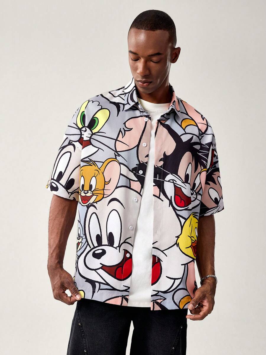 TOM & JERRY X SHEIN 男士休闲日常通勤时尚街头可爱卡通图案宽松衬衫，夏季 - 彩色 - 查看 1