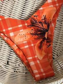 Swim Mod Conjunto de bikini con cuello de halter estampado y decoración metálica para mujer, primavera/verano