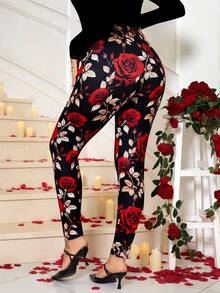 Reflora Quần legging dệt kim co giãn in họa tiết hoa hồng dành cho nữ cỡ lớn, thanh lịch và đa năng, phù hợp cho mọi mùa, tiệc năm mới, đêm giao thừa, ngày lễ tình nhân, sinh nhật, kỳ nghỉ xuân. - Nhiều màu - Xem 2