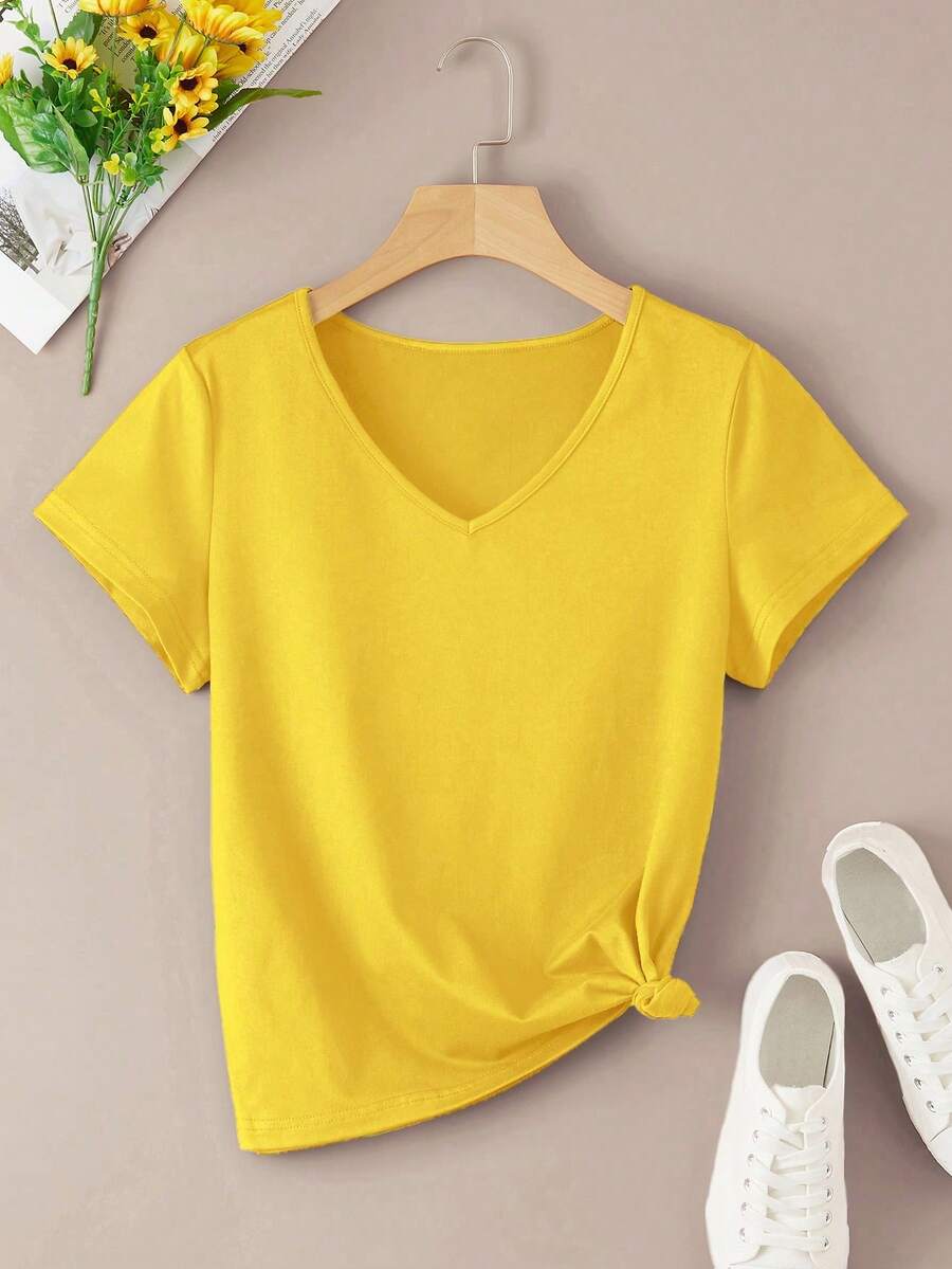 INAWLY Solid V Neck Tee - Yellow - View 1