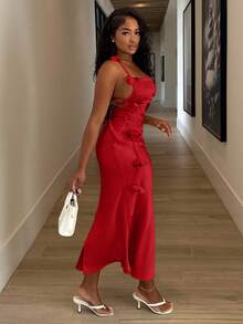 Alexandranx 女士花卉细肩带露背垂褶领节日连衣裙、派对/婚礼礼服、秋季 - 紅色 - 查看 4