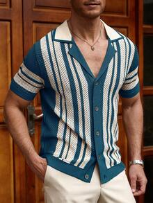 Manfinity Homme Áo thun nam tay ngắn in họa tiết tương phản, áo sơ mi nam móc len, trang phục nam thập niên 70, áo polo nam cài nút, áo sơ mi dệt kim cho nam, quần áo nam cổ điển. - Màu xanh lam - Xem 5
