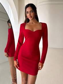 Aloruh 女士优雅露背修身迷你连衣裙，长袖，适合情人节约会，红色 - 紅色 - 查看 6