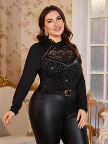 Reflora 大码女士优雅T恤，蕾丝拼接水钻装饰T恤，适合秋季、冬季、春季情人节穿着 - 黑色 - 查看 5