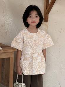 DAZY Young Girls Textured Puff Sleeve Short Sleeve Blouse, Fall Clothes Spring - Apricot - View 6