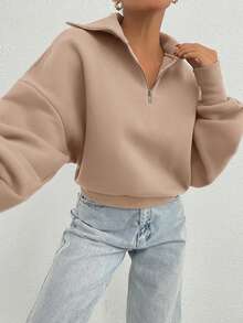 SHEIN Tall 100%純棉領口拉鍊圖案寬鬆版衛衣，適合高個女性 - 米色 - 查看 3