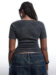 LYSMO Tricou cu mânecă scurtă, cu mânecă scurtă, cu talie încrețită, cu pliuri