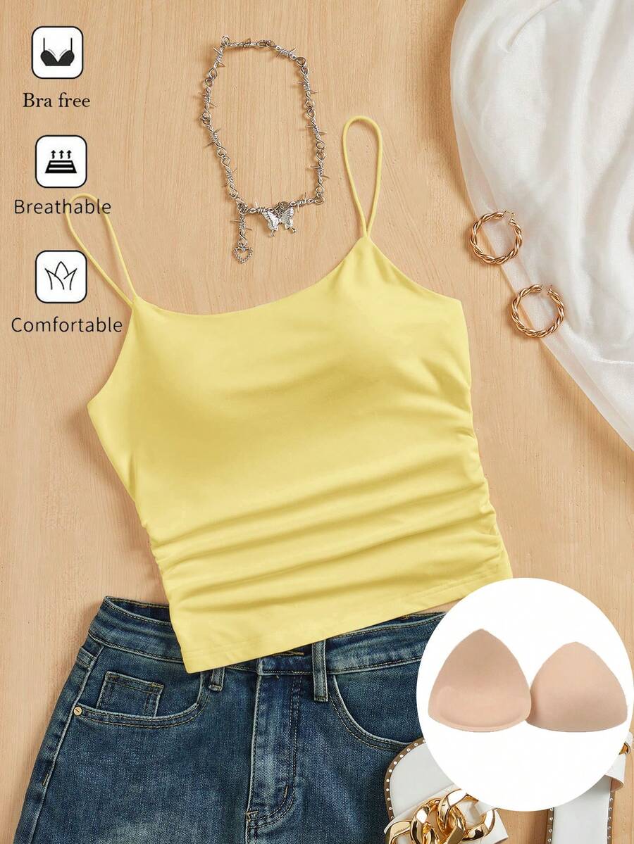 SHEIN Essnce Women Tight-Fitting Round Neck Chest Pad Breathable Summer All-Match Camisole Women Tops Bra Free Top Yellow - Yellow - View 1
