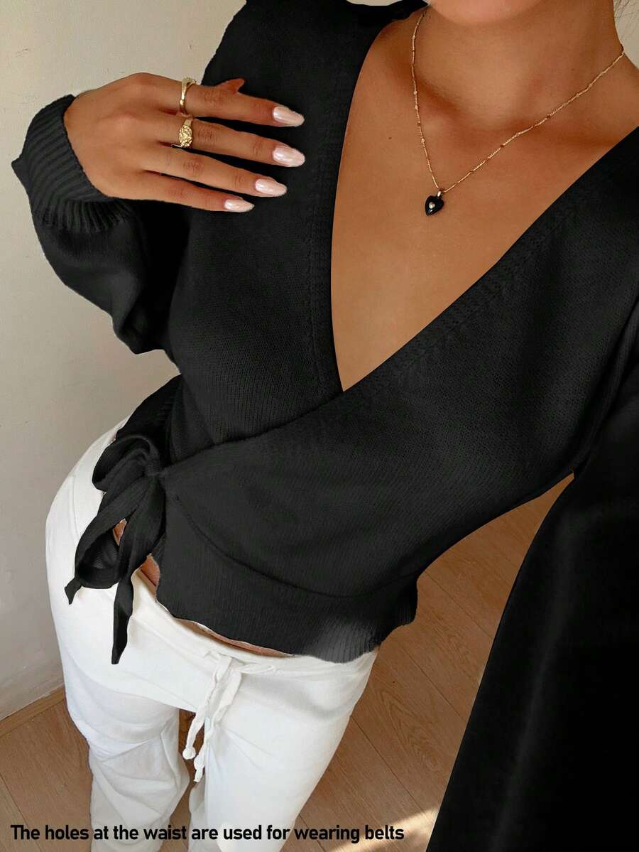 Flirla 女士时尚性感休闲百搭系带深V领开衫 - 黑色 - 查看 1