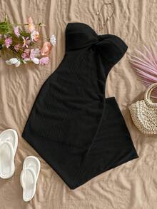 Soleia 女士夏季度假纯色前扭结抹胸连衣裙 - 黑色 - 查看 8