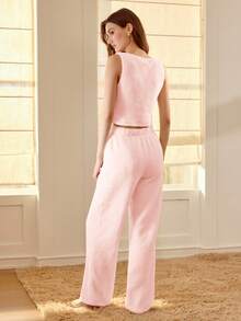 MOTF PREMIUM FAUX PEARL BEADED PLUSH COMFORTABLE PAJAMA SET - Pink - View 3