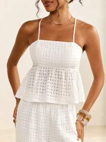 CAJUNI Ruffled Camisole And Elastic Waist Pants Set ,White Sundress For Women White Sun Dress For Women - White - View 7