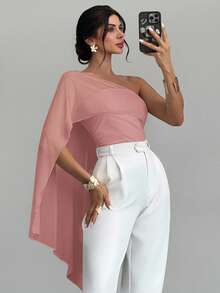 Firerie 女士优雅休闲度假日常时尚百搭白色不对称领口网纱拼接不对称系带修身衬衫，夏季 - 藕粉色 - 查看 5