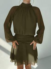 Aloruh Elegant Solid Color Mock Neck Bishop Sleeves Dress, Casual & Party Wear - Army Green - View 7