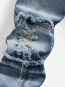 SHEIN 男童时尚街头酷炫破洞拼接毛边浅灰色修身牛仔裤，带有做旧细节，适合秋冬户外穿着。 - 中等水洗藍 - 查看 3