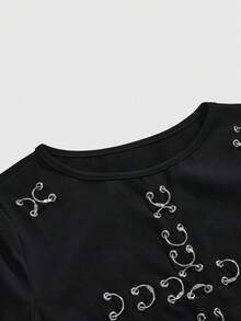 ROMWE Grunge Punk Plus Size Punk Metal Grommet Design Fitted Long Sleeve T-Shirt - Black - View 3