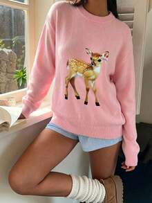 CovetEZ Áo len họa tiết hươu hồng pastel thường ngày cho nữ, màu hồng pastel tôn lên nét trẻ trung quyến rũ! Màu sắc siêu tôn dáng! Đồ mặc nhà dễ thương và ngọt ngào, phù hợp cho mùa thu/đông, trang phục thu/đông thoải mái cho nữ, Bộ sưu tập thu/đông 2025 dành cho nữ - Nhiều màu - Xem 5