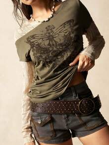 Bohemela Blusa casual de punto con estampado de leopardo y hombros descubiertos con mangas acampanadas para mujeres