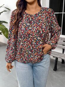 SHEIN Frenchy Plus Size Women Black Ditsy Floral Round Neck Long Sleeve Blouse,Autumn Boho Flower Top,Versatile Casual Daily Wear Commuting Tea Party Spring Top - Multicolor - View 3