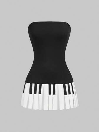 Abito mini aderente da donna in stile Y2K/Millennio, ultra corto, con stampa vintage a tastiera di pianoforte plissettata