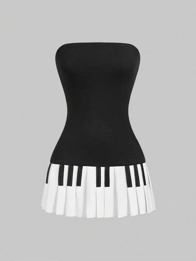 Abito mini aderente da donna in stile Y2K/Millennio, ultra corto, con stampa vintage a tastiera di pianoforte plissettata