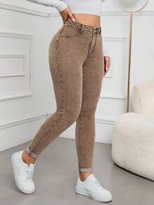 Jeanoix Women's Casual Washed Slim Fit Denim Jeans - Brown - View 6