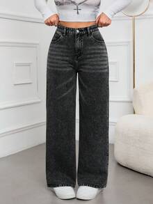 SHEIN EZwear 休闲水洗高腰直筒牛仔裤 - 深灰色 - 查看 3