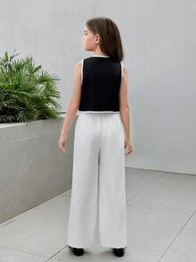 Firerie Kids 两件套少女休闲时尚通勤套装，圆领白色碎花装饰背心和裤子，春夏套装 - 黑與白 - 查看 2