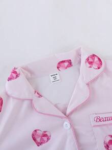 Girls' Fashionable Cute Heart & Diamond Print Cardigan & Pants Pajama Set - Pink - View 4