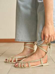 Rosivie Giày sandal đế bằng nữ, giày đế bằng quai dệt màu vàng, thích hợp cho ngày Valentine. - Vàng tươi - Xem 11