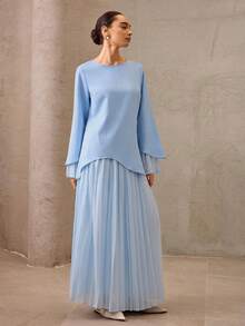 Graceveil 两件套优雅通勤百褶简约蓝色女装 - 藍色 - 查看 3