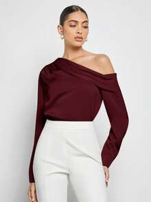 BizChic 女士不对称领荷叶边缎面衬衫，长袖，适合都市通勤、办公室、商务休闲、派对、正式场合、夏季穿着