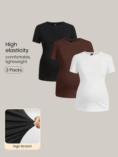 Modmama 3pcs Maternity Casual Solid Color Short Sleeve T-Shirts, Comfortable, Stretchy, Lightweight For Daily Wear, Summer Maternity Tops Maternity Clothes T Shirts Basic Tees Basic Tops Plain Tshirts Women