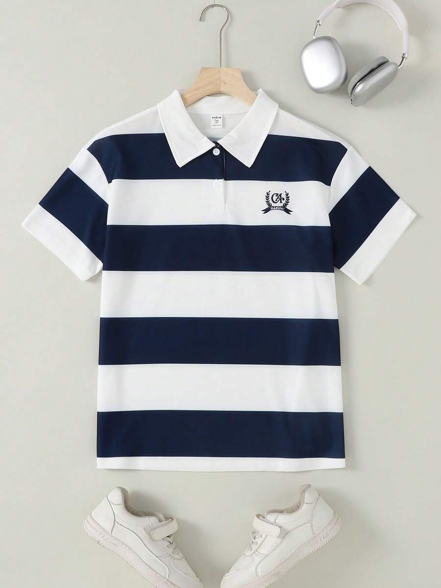 Casuvi Kids Nautical Academy Style Striped Polo Shirt For Teens (Boys), Loose Fit With Wide Blue & White Stripes, Fashion Emblem On Chest, Suitable For Campus, Commute, And Casual Weekend Wear Polo For Boys Boy Clothes