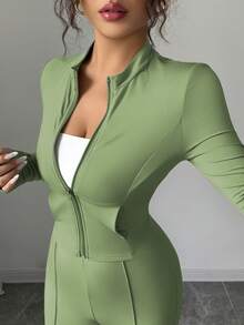 INAWLY Women's Tight-Fitting Zip-Up Cropped Top Jacket & Flared Pants 2 Pieces Set - Green - View 3
