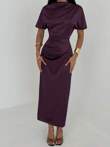 Aloruh Vestido de mujer con cuello drapeado elegante, cintura fruncida, unicolor minimalista, para verano - Morado - Ver 5
