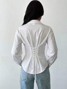 Firerie Camisa de Manga Longa Listrada Azul e Branca Feminina, Camisa com Amarração na Cintura, Camisa Casual para Ir e Vir, Camisa para Férias, Camisa Listrada com Cintura Marcada, Adequada para Primavera, Verão, Outono e Inverno, Elegante, Férias, Boêmia, Traje de Trabalho