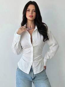 Firerie Camisa de Manga Longa Listrada Azul e Branca Feminina, Camisa com Amarração na Cintura, Camisa Casual para Ir e Vir, Camisa para Férias, Camisa Listrada com Cintura Marcada, Adequada para Primavera, Verão, Outono e Inverno, Elegante, Férias, Boêmia, Traje de Trabalho