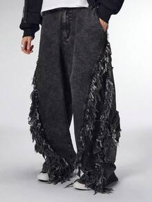 ROMWE MEN Street Life Men's Distressed Washed Dark Cargo Pants - Black - View 1