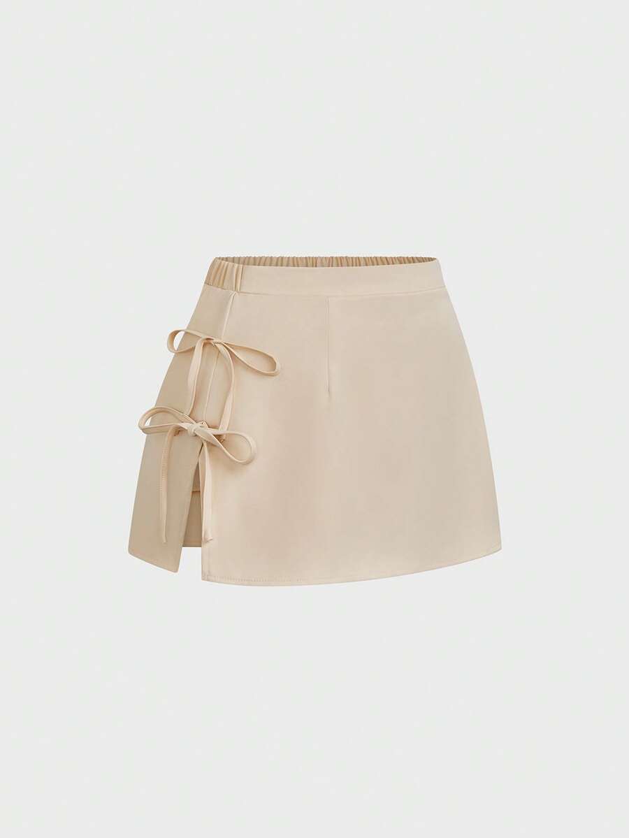 Sweetra Plus Size Women's Apricot Vintage Romantic Vacation School Style Bow Tie Sexy Cute Side Slit A-Line Mini Skirt With Shorts To Prevent Exposure, Mini Skirt, Apricot Mini Skirt, Summer Mini Skirt, Vacation Mini Skirt, Back To School, Office Wear, Home, Daily Wear, Suitable For Spring/Summer - Apricot - View 1