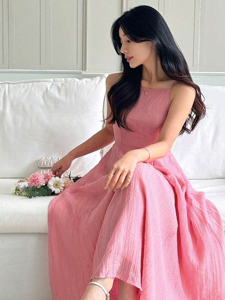 Women's Spaghetti Strap Backless Bodycon A-Line Midi Dress Sundress