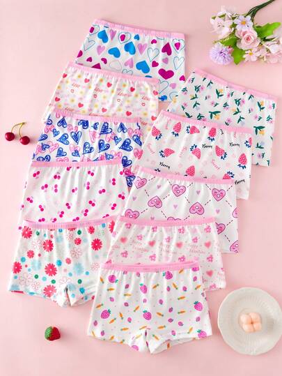 SHEIN 4件套 女童可爱卡通花朵、草莓、爱心印花弹力腰带三角裤