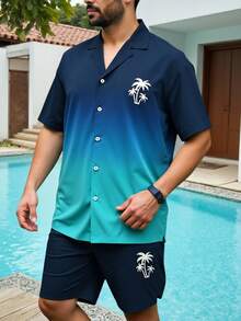 Surfspeed Bộ đồ đi biển nam gồm áo sơ mi ngắn tay và quần short in hình cây cọ. - xanh quân đội - Xem 4